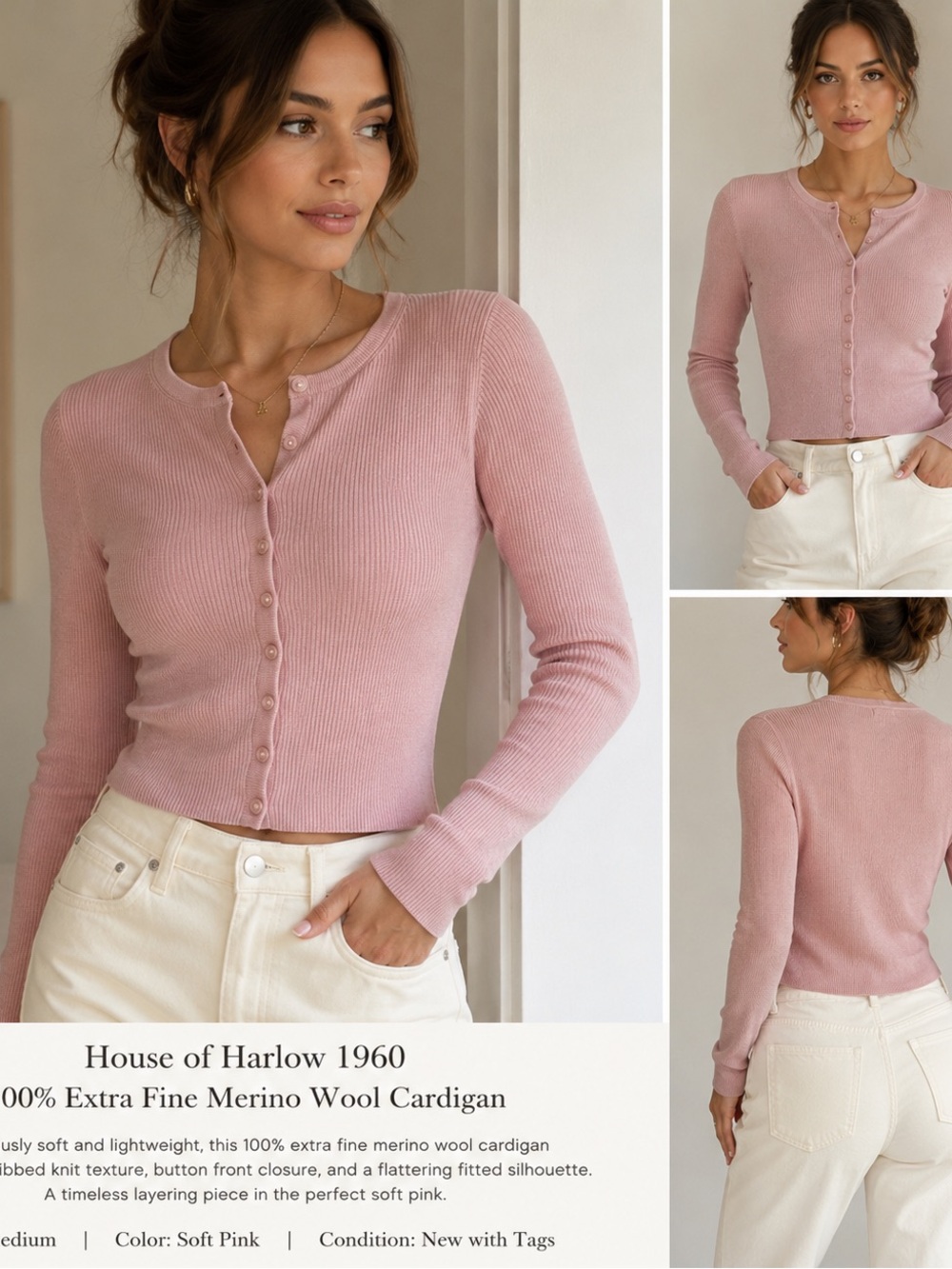 House of Harlow 1960 100% Extra Fine Merino Wool Pink Ribbed Cardigan NWT Medium